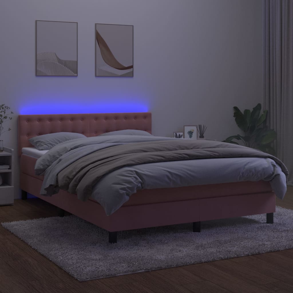 vidaXL Cama box spring c/ colchão/LED 140x190 cm veludo rosa