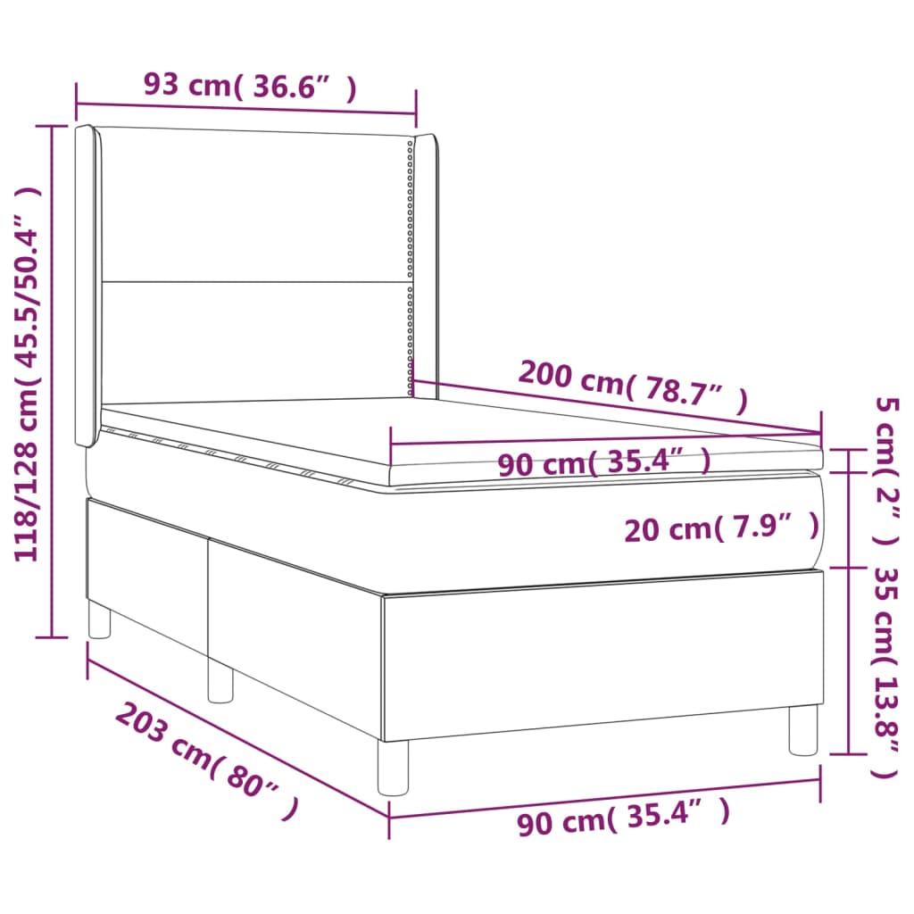 vidaXL Cama box spring c/ colchão e LED 90x200 cm tecido cinza-escuro