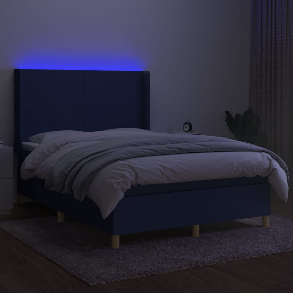 vidaXL Cama box spring c/ colchão e LED 140x190 cm tecido azul