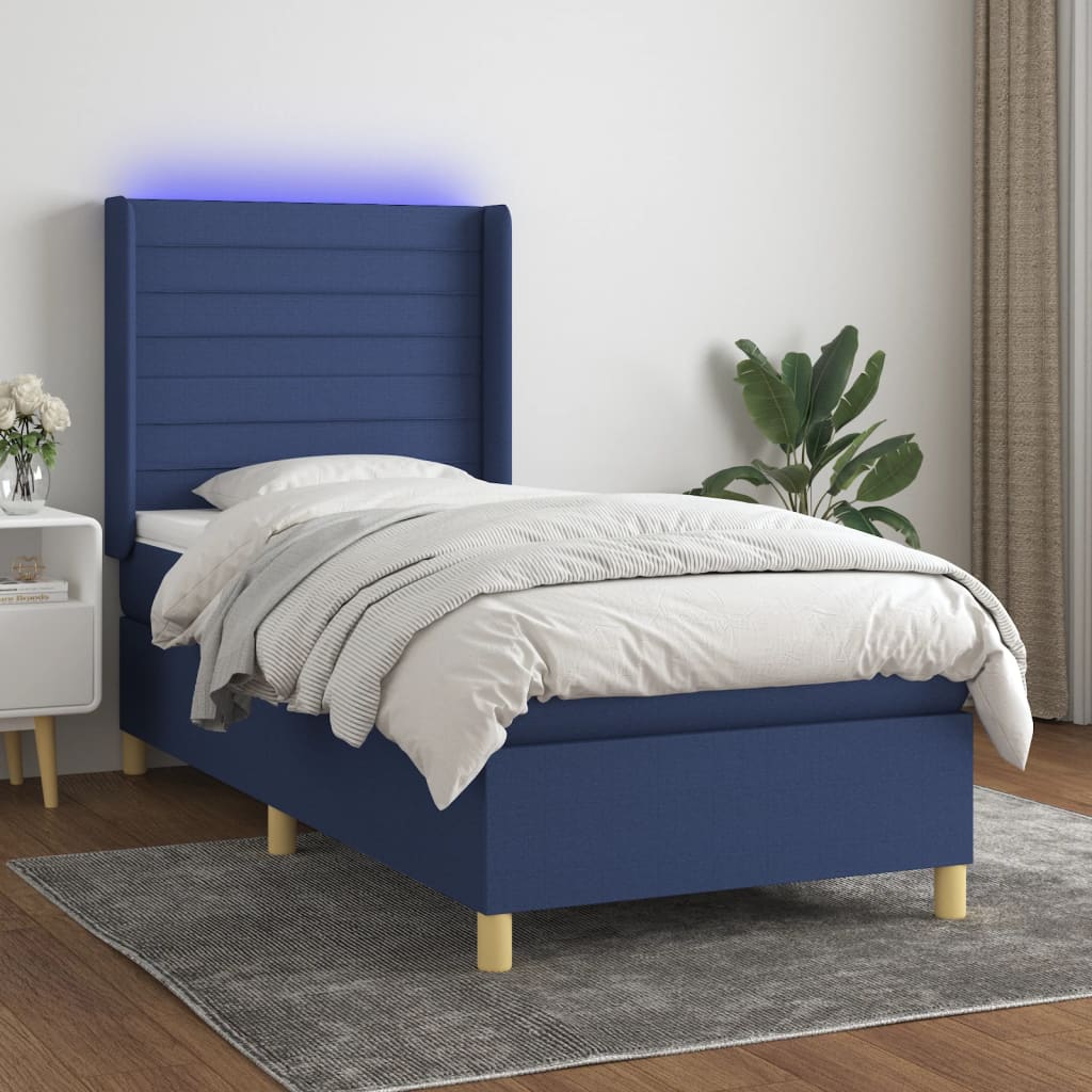 vidaXL Cama box spring c/ colchão e LED 90x190 cm tecido azul