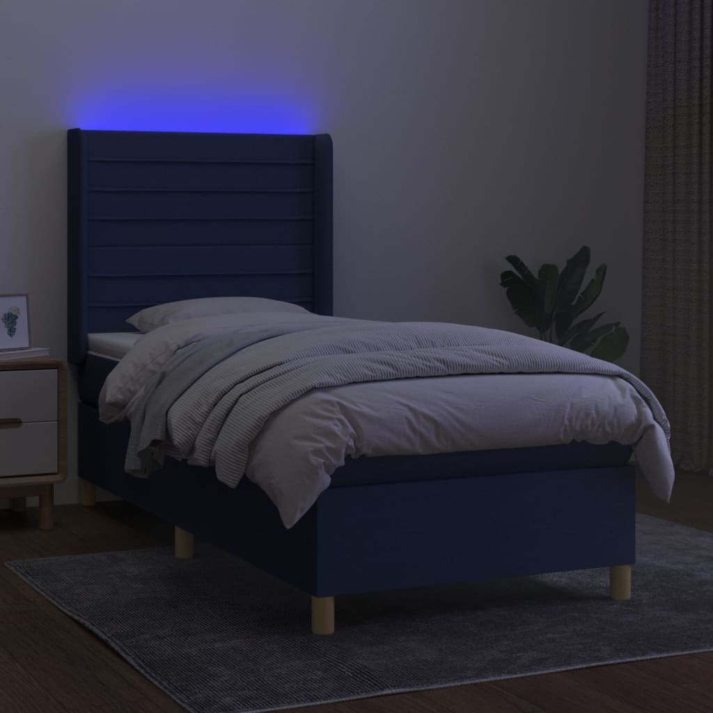 vidaXL Cama box spring c/ colchão e LED 90x190 cm tecido azul