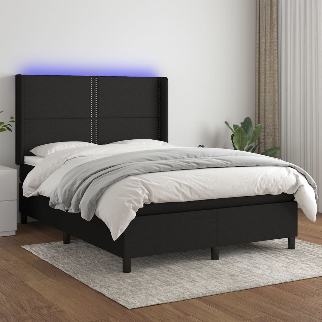 vidaXL Cama box spring c/ colchão e LED 140x190 cm tecido preto