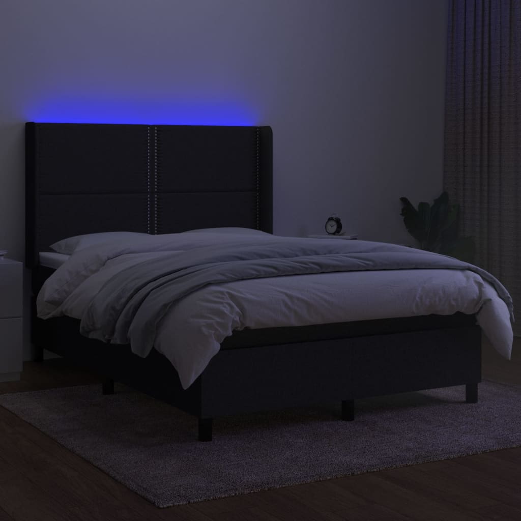 vidaXL Cama box spring c/ colchão e LED 140x190 cm tecido preto