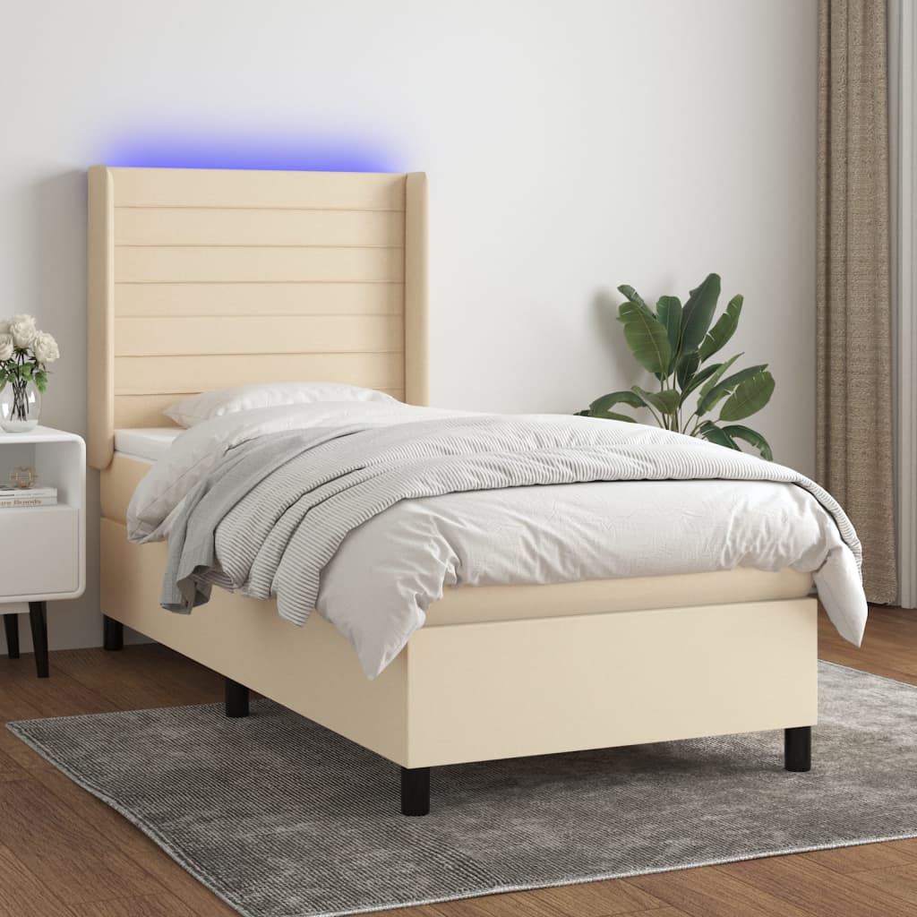 vidaXL Cama box spring c/ colchão e LED 90x190 cm tecido cor creme