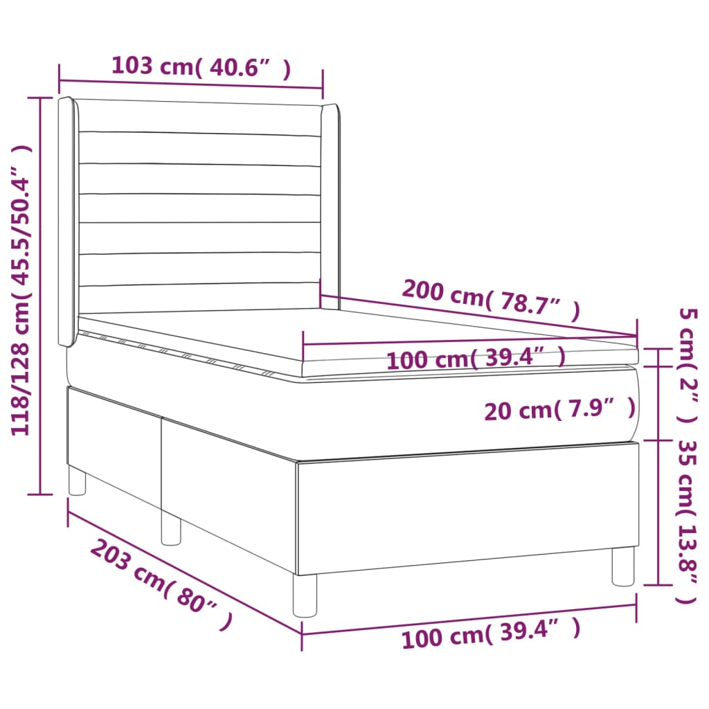 vidaXL Cama box spring colchão/LED 100x200cm tecido cinza-acastanhado