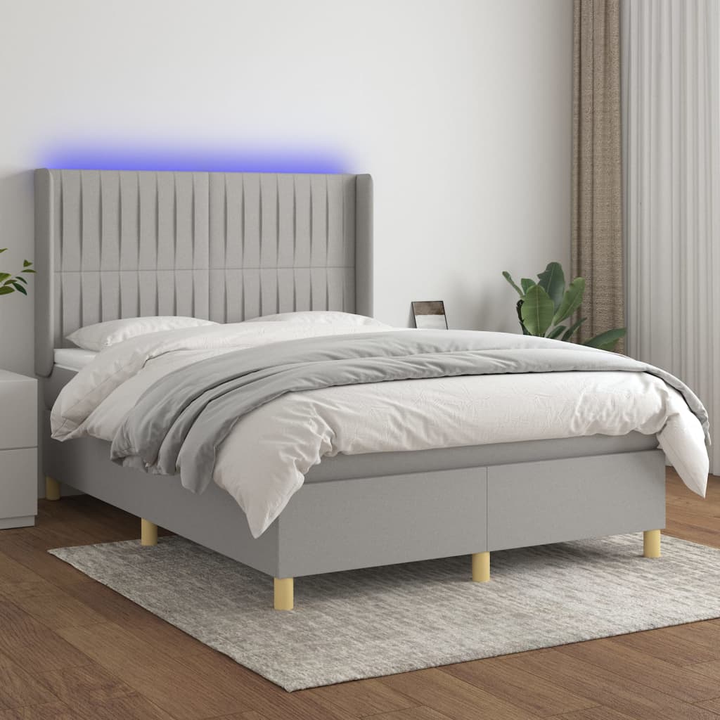 vidaXL Cama box spring c/ colchão e LED 140x190 cm tecido cinza-claro