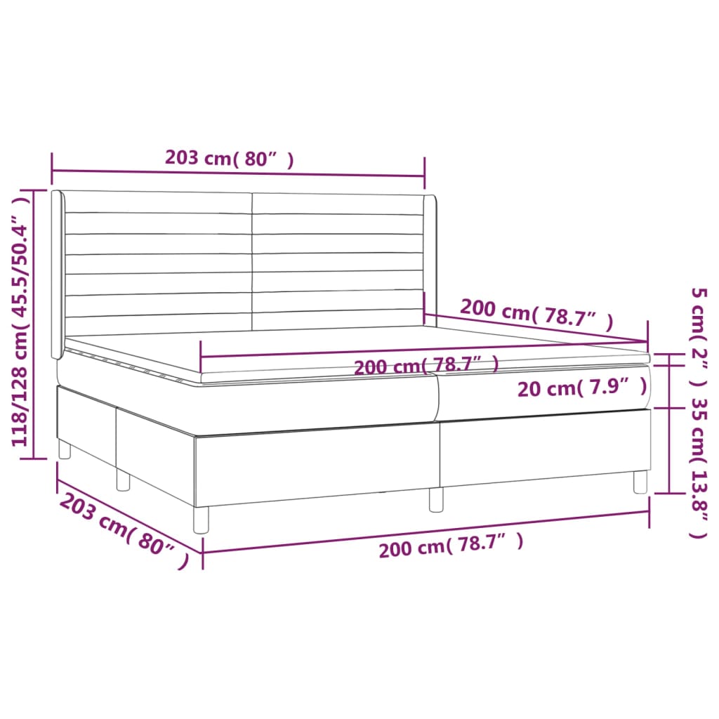 vidaXL Cama box spring c/ colchão e LED 200x200 cm tecido cinza-escuro