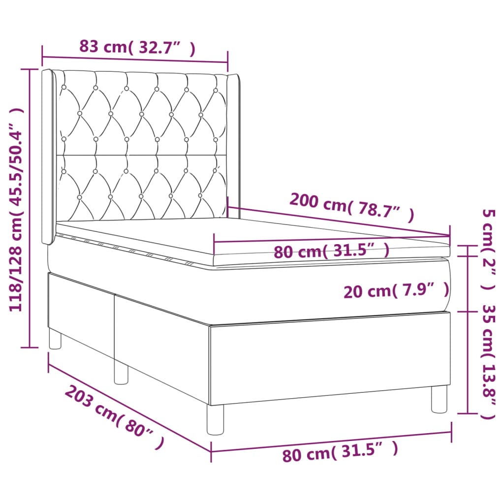 vidaXL Cama box spring c/ colchão e LED 80x200 cm tecido cinza-claro