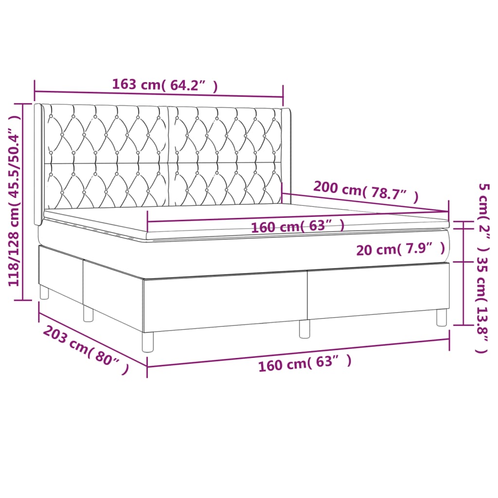 vidaXL Cama box spring c/ colchão e LED 160x200 cm tecido preto