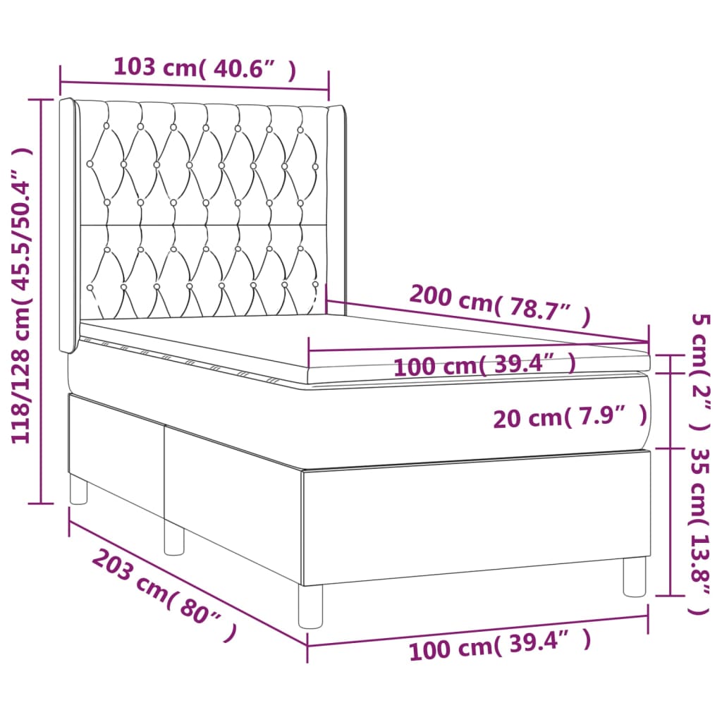 vidaXL Cama box spring colchão/LED 100x200cm tecido cinza-acastanhado