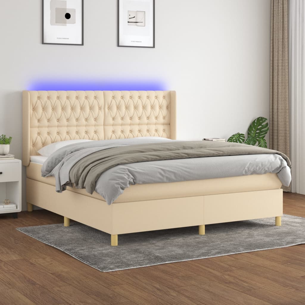 vidaXL Cama box spring c/ colchão e LED 180x200 cm tecido cor creme