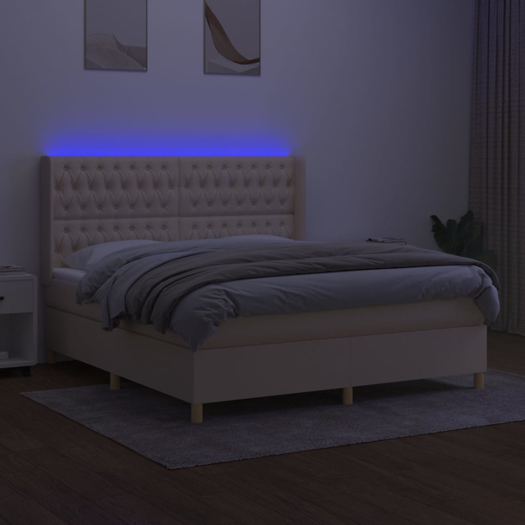 vidaXL Cama box spring c/ colchão e LED 180x200 cm tecido cor creme