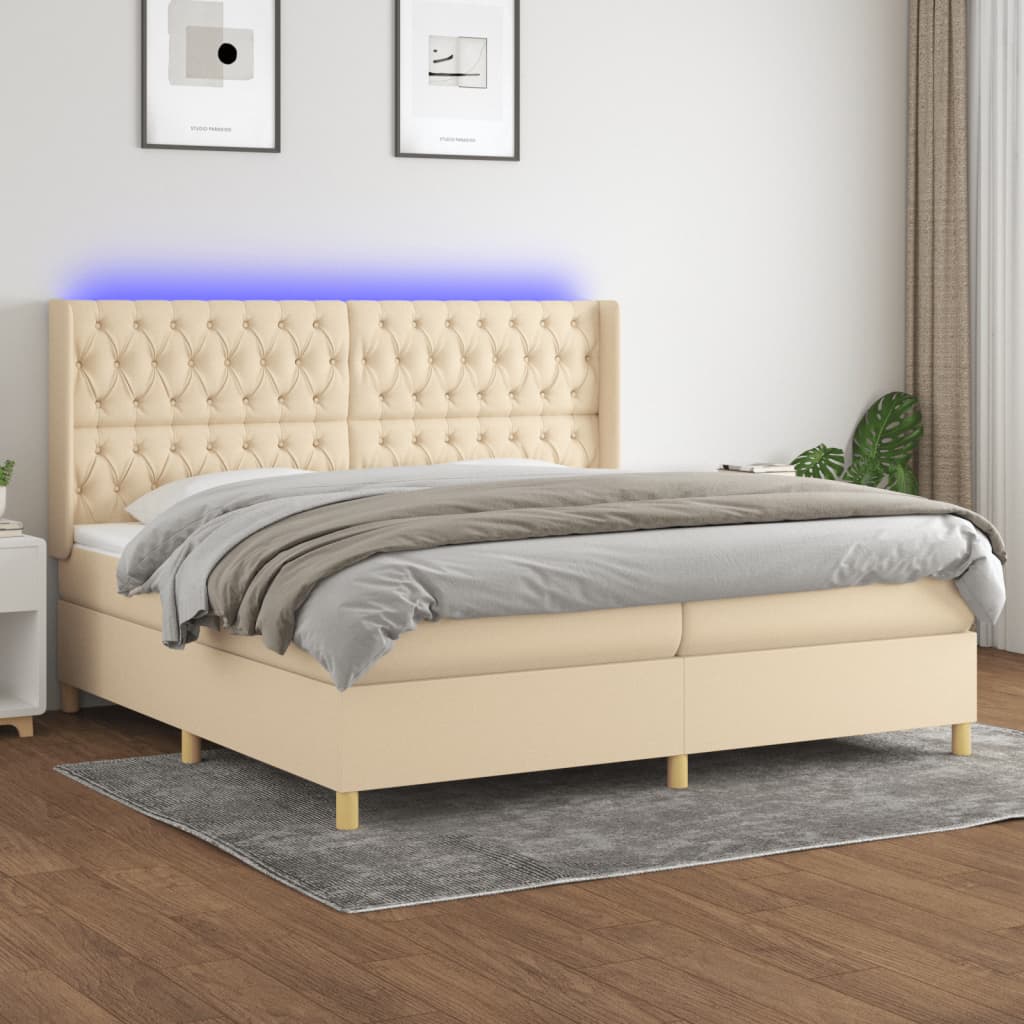 vidaXL Cama box spring c/ colchão e LED 200x200 cm tecido cor creme