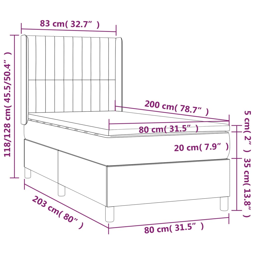 vidaXL Cama box spring c/ colchão/LED 80x200cm tecido castanho-escuro