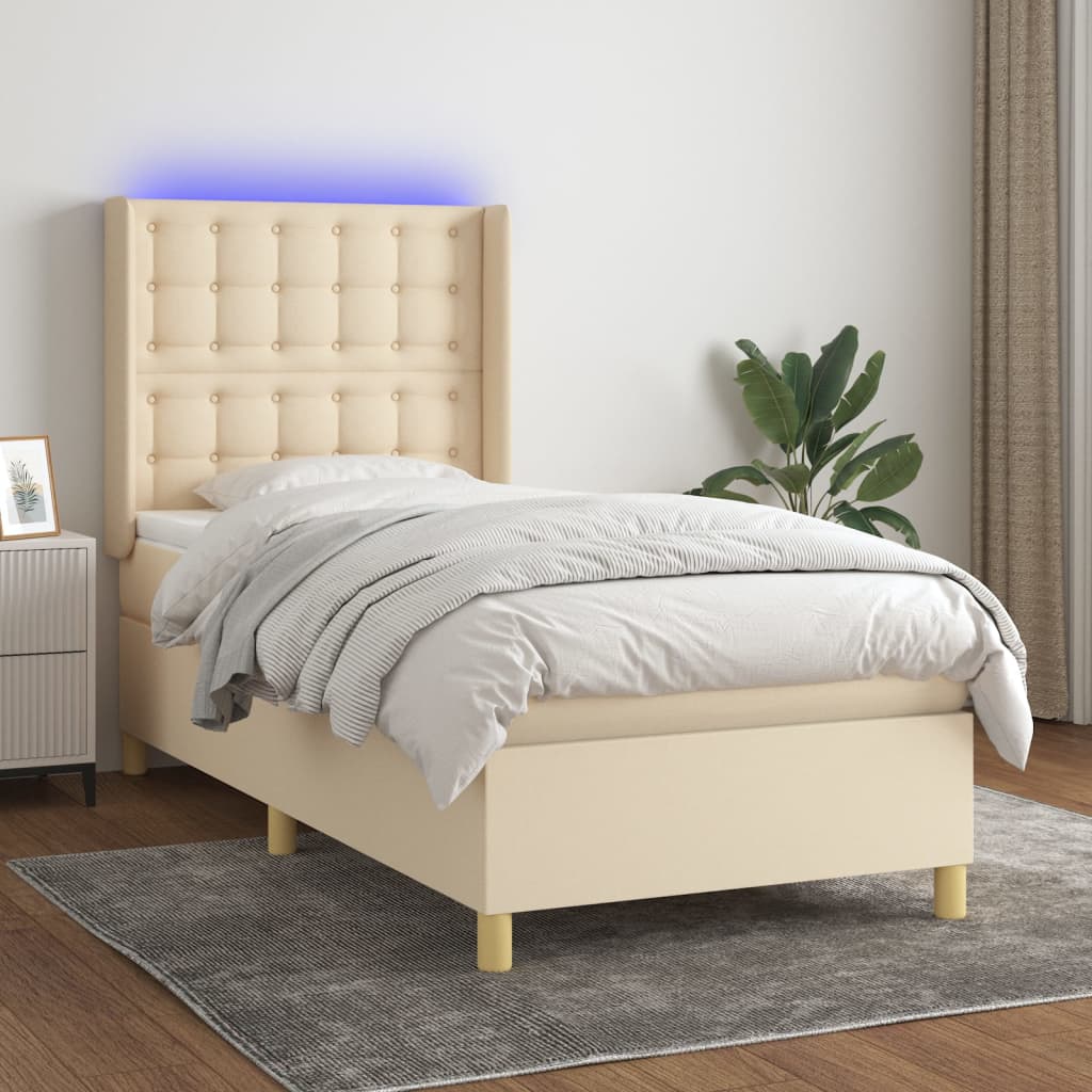 vidaXL Cama box spring c/ colchão e LED 100x200 cm tecido cor creme