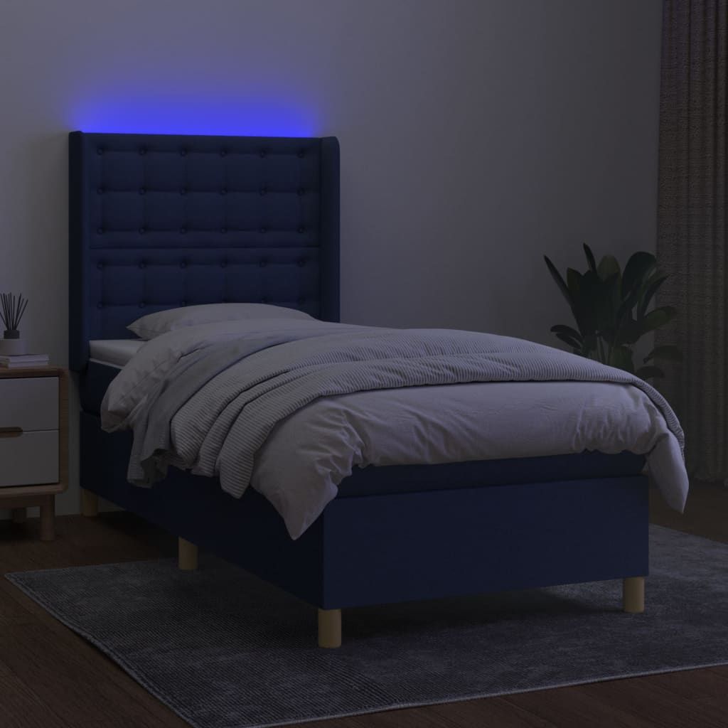 vidaXL Cama box spring c/ colchão e LED 90x200 cm tecido azul