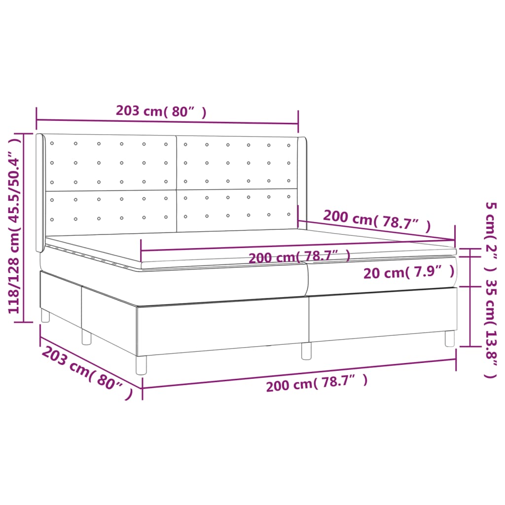 vidaXL Cama box spring c/ colchão e LED 200x200 cm tecido preto