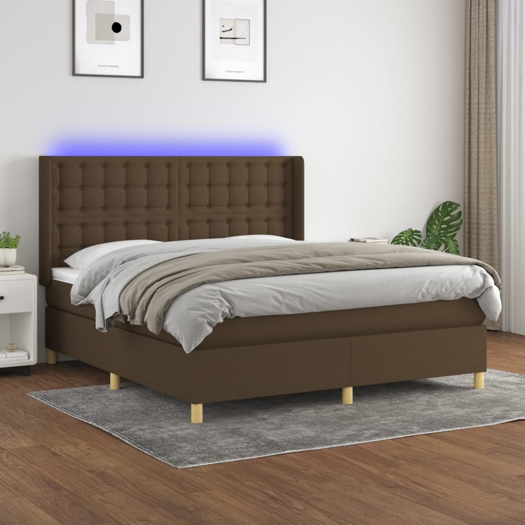 vidaXL Cama box spring c/ colchão/LED 180x200cm tecido castanho-escuro