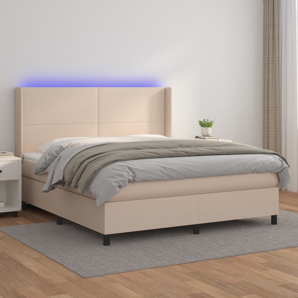 vidaXL Cama box spring c/colchão/LED 180x200cm couro artif. cappuccino