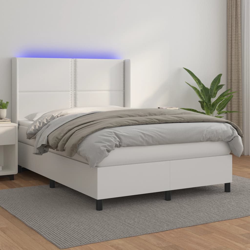 vidaXL Cama box spring c/colchão/LED 140x200cm couro artificial branco