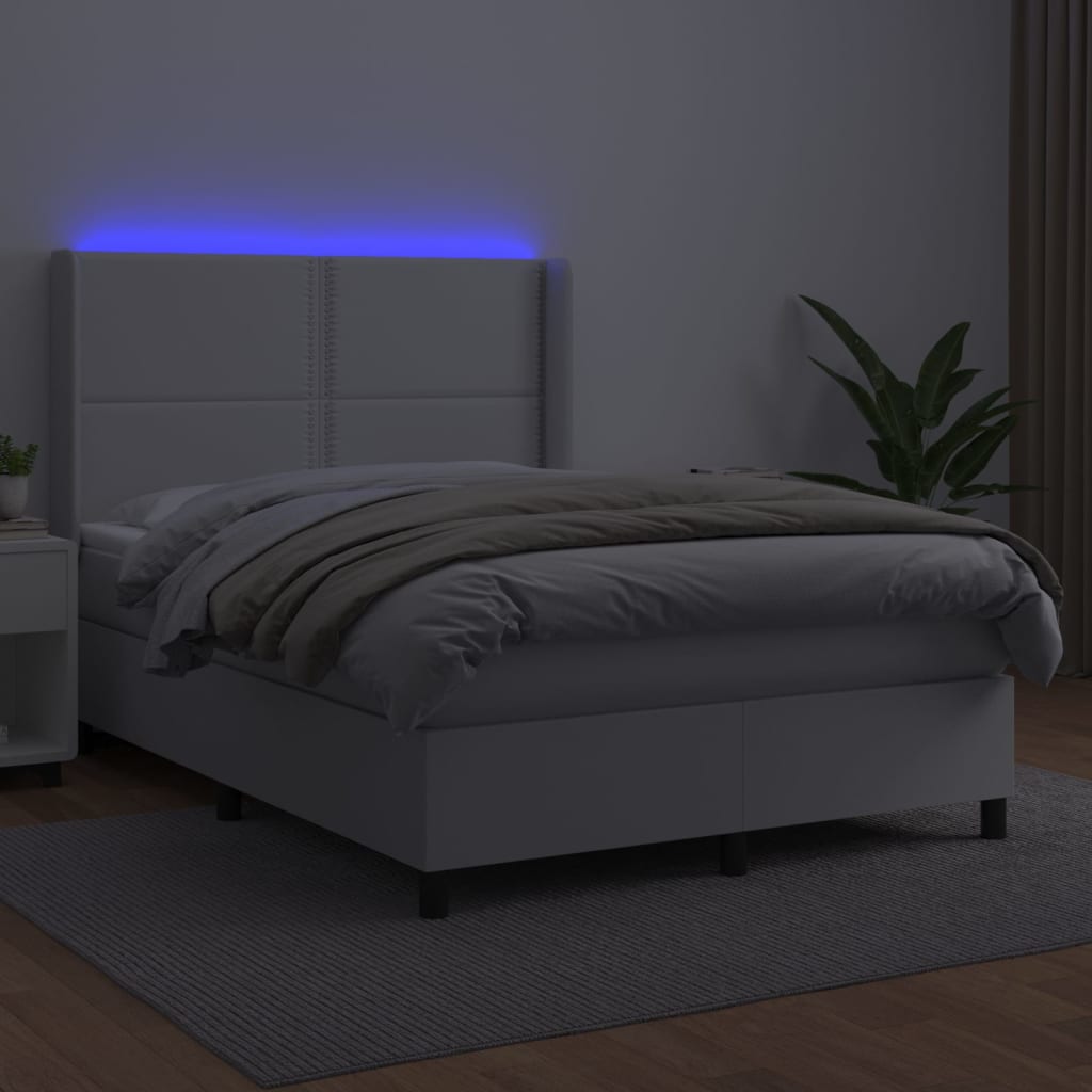 vidaXL Cama box spring c/colchão/LED 140x200cm couro artificial branco