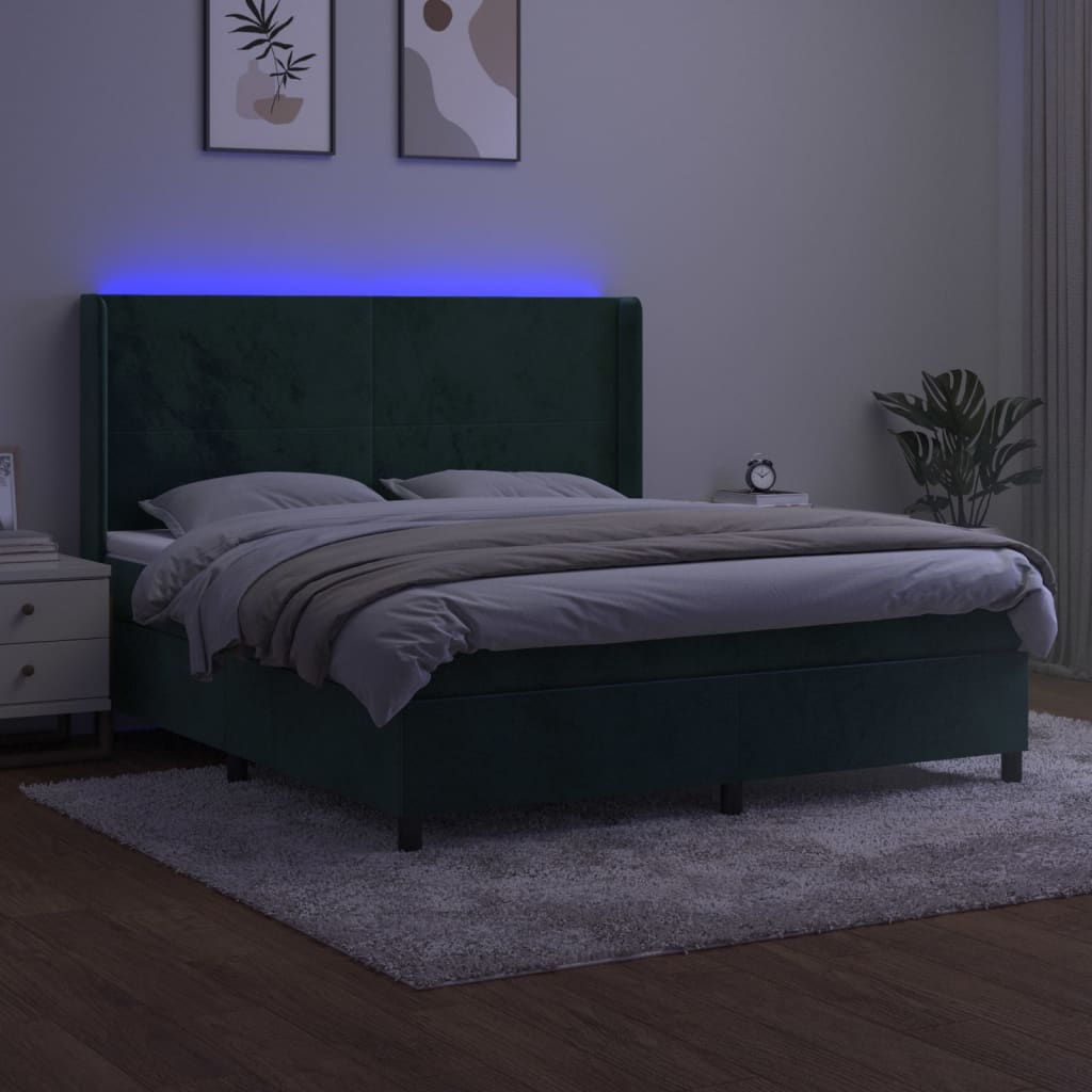 vidaXL Cama box spring c/ colchão/LED 180x200 cm veludo verde-escuro