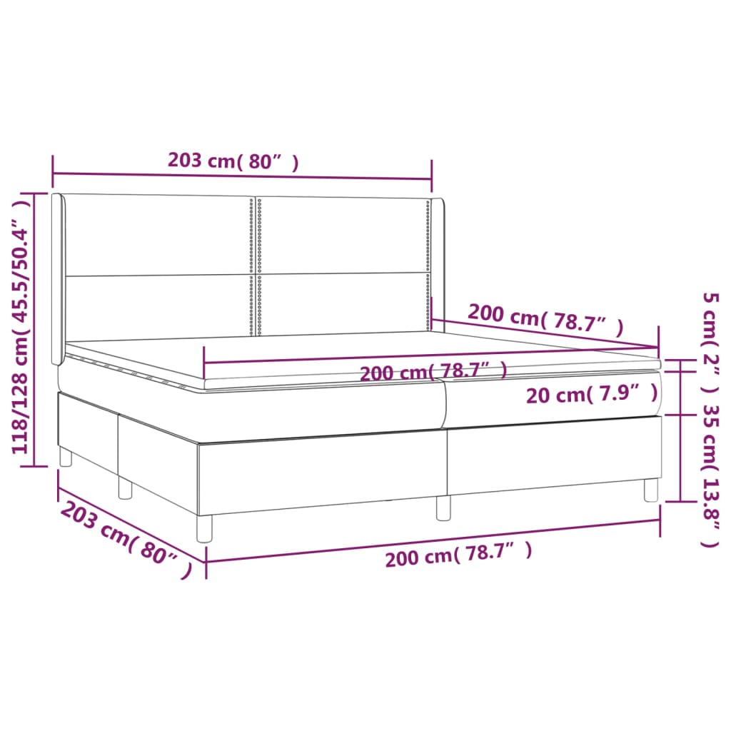 vidaXL Cama box spring c/ colchão/LED 200x200 cm veludo preto