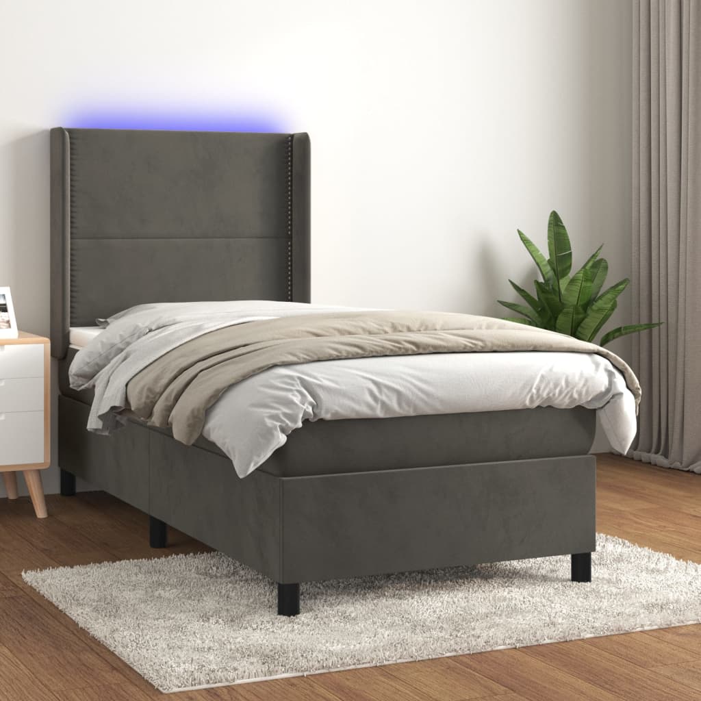 vidaXL Cama box spring c/ colchão/LED 100x200cm veludo cinzento-escuro