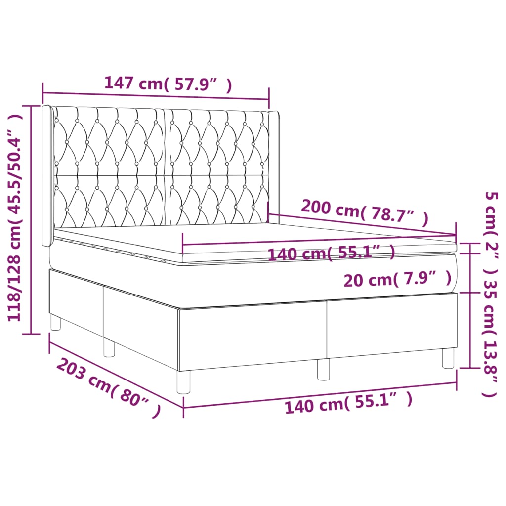 vidaXL Cama box spring c/ colchão e LED 140x200 cm tecido azul