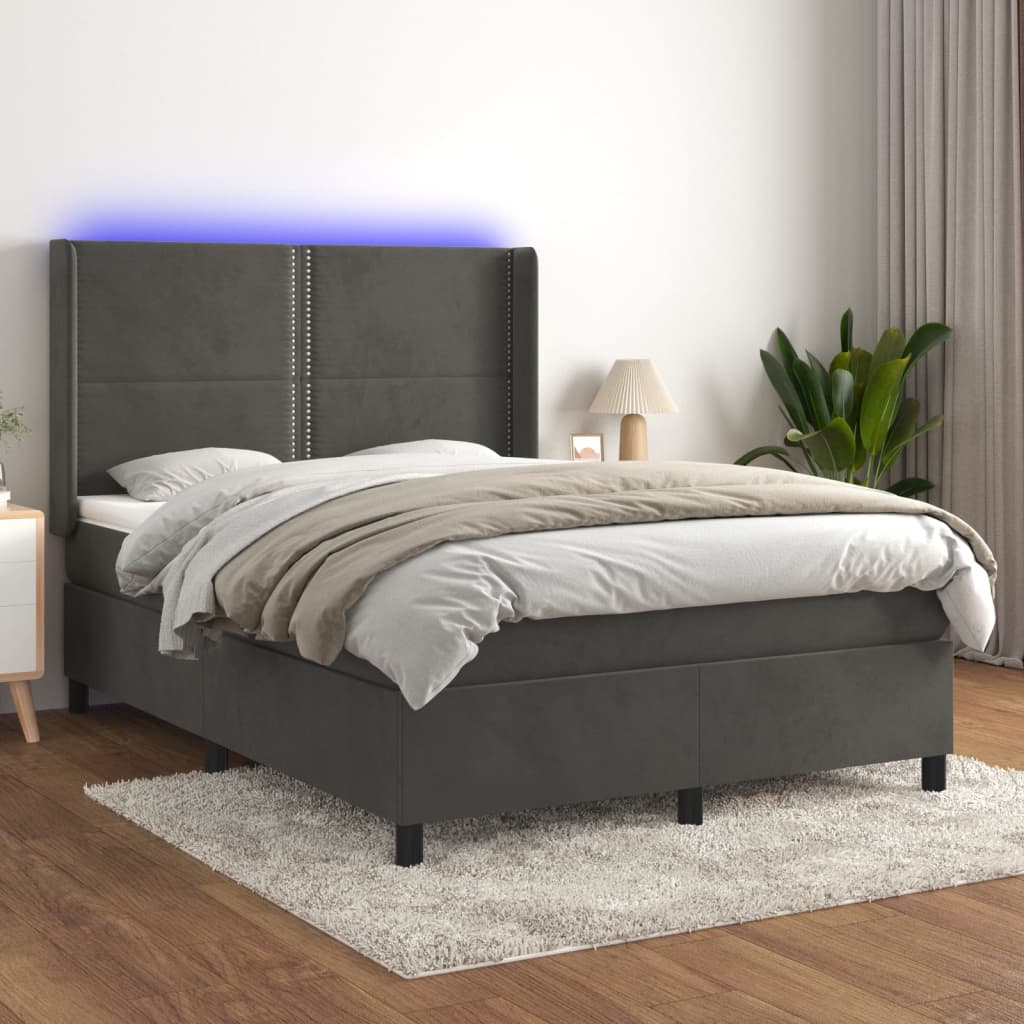 vidaXL Cama box spring c/ colchão/LED 140x200cm veludo cinzento-escuro