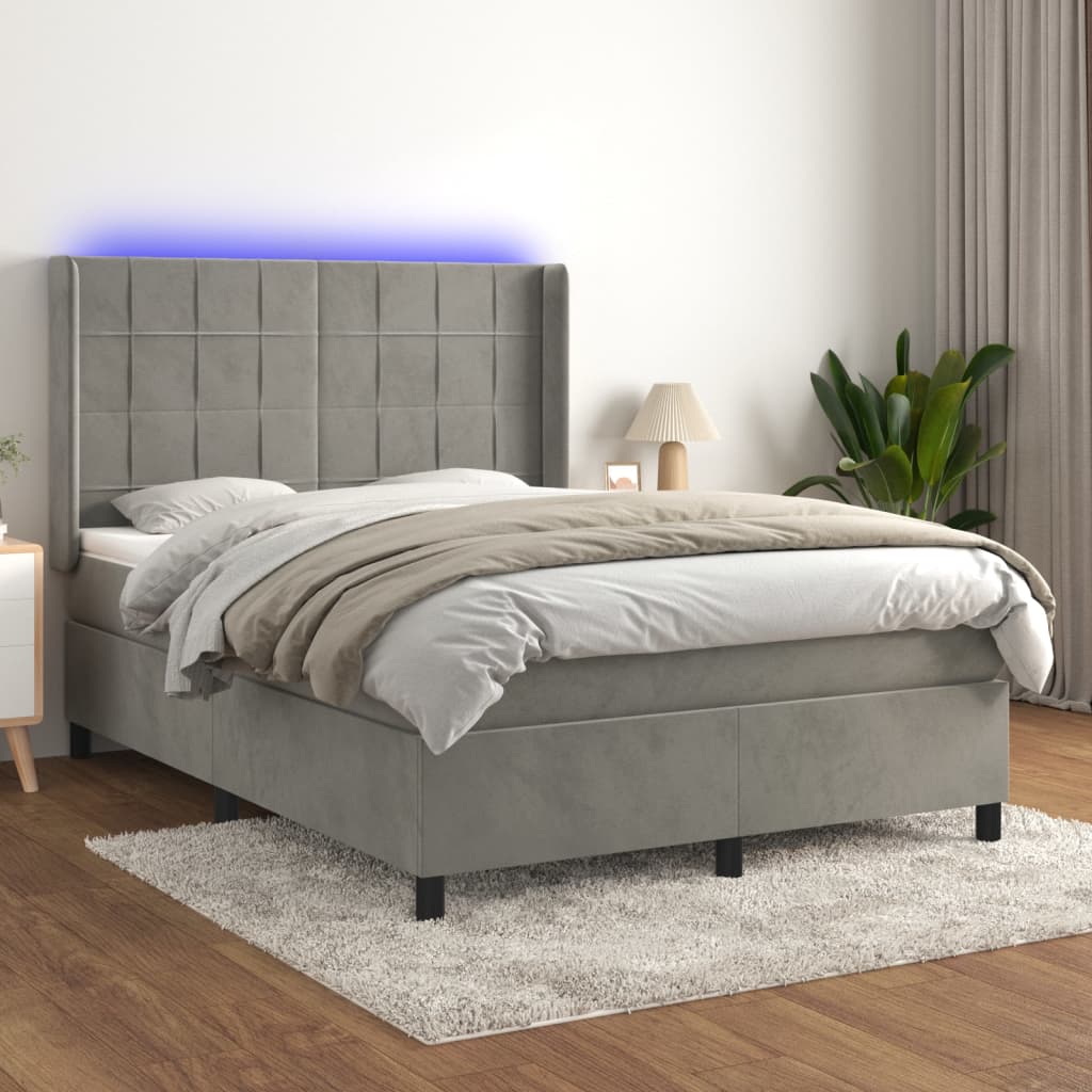 vidaXL Cama box spring c/ colchão/LED 140x190 cm veludo cinzento