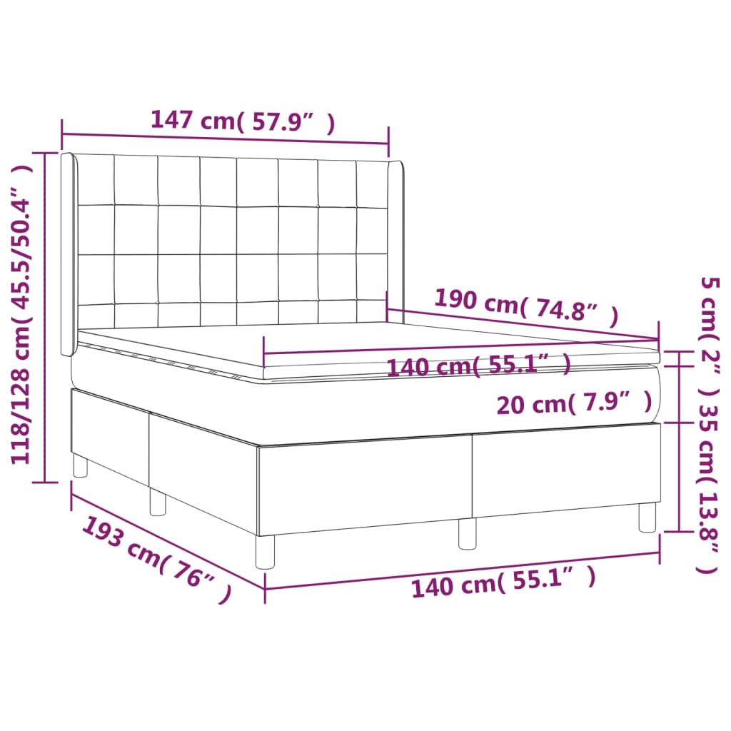 vidaXL Cama box spring c/ colchão/LED 140x190 cm veludo cinzento