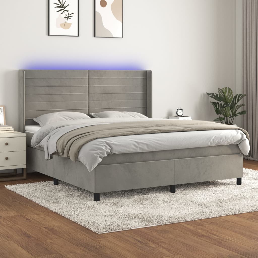 vidaXL Cama box spring c/ colchão/LED 180x200 cm veludo cinzento-claro