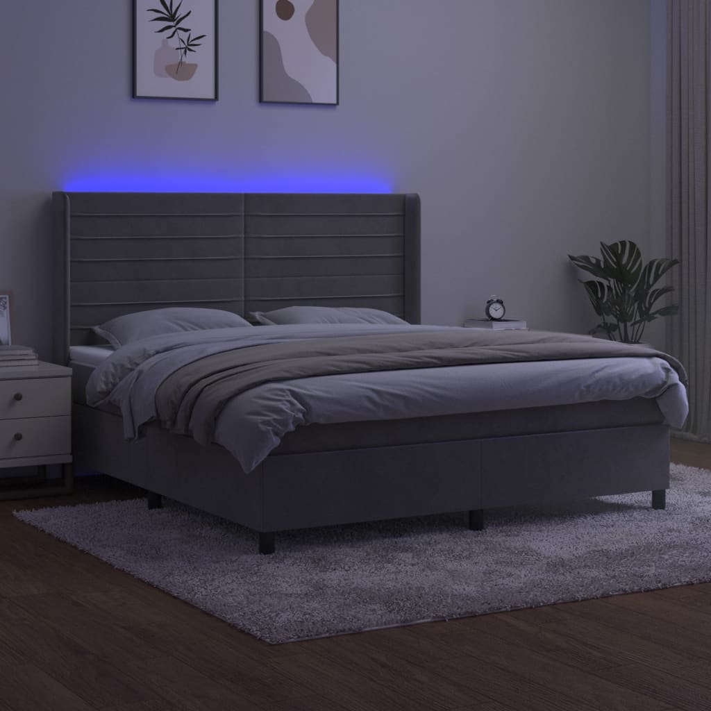 vidaXL Cama box spring c/ colchão/LED 180x200 cm veludo cinzento-claro