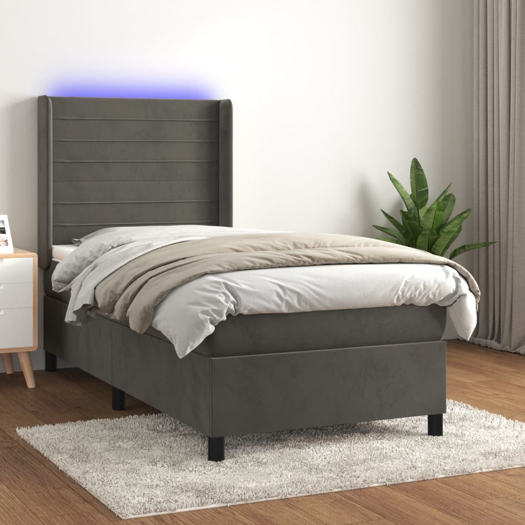 vidaXL Cama box spring c/ colchão/LED 90x200 cm veludo cinzento-escuro