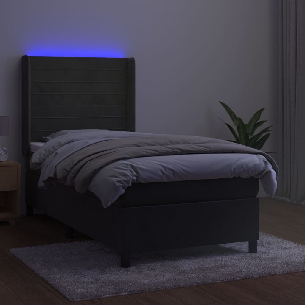 vidaXL Cama box spring c/ colchão/LED 90x200 cm veludo cinzento-escuro