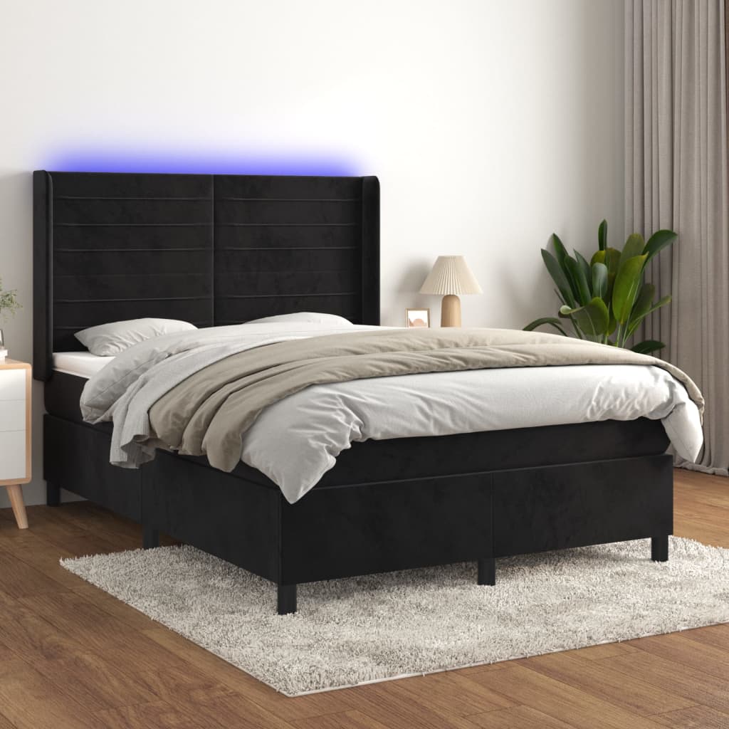 vidaXL Cama box spring c/ colchão/LED 140x190 cm veludo preto