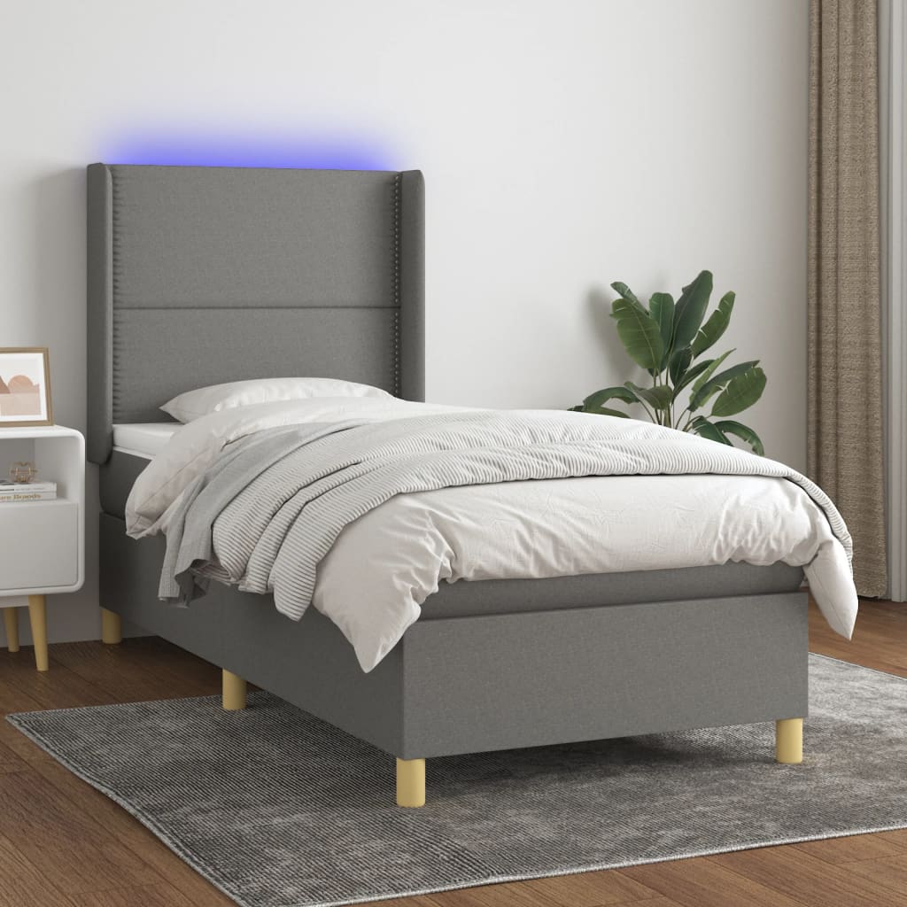 vidaXL Cama box spring c/ colchão e LED 100x200 cm tecido cinza-escuro