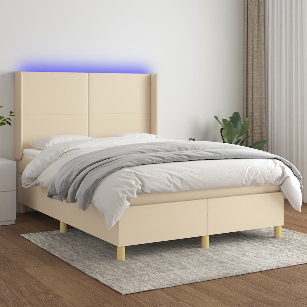 vidaXL Cama box spring c/ colchão e LED 140x200 cm tecido cor creme