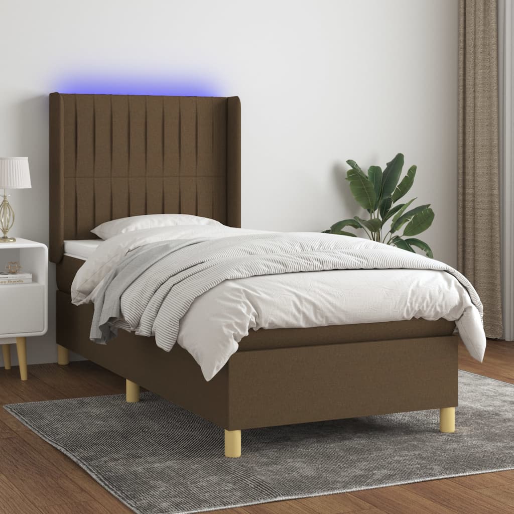 vidaXL Cama box spring c/ colchão/LED 90x200 cm tecido castanho-escuro