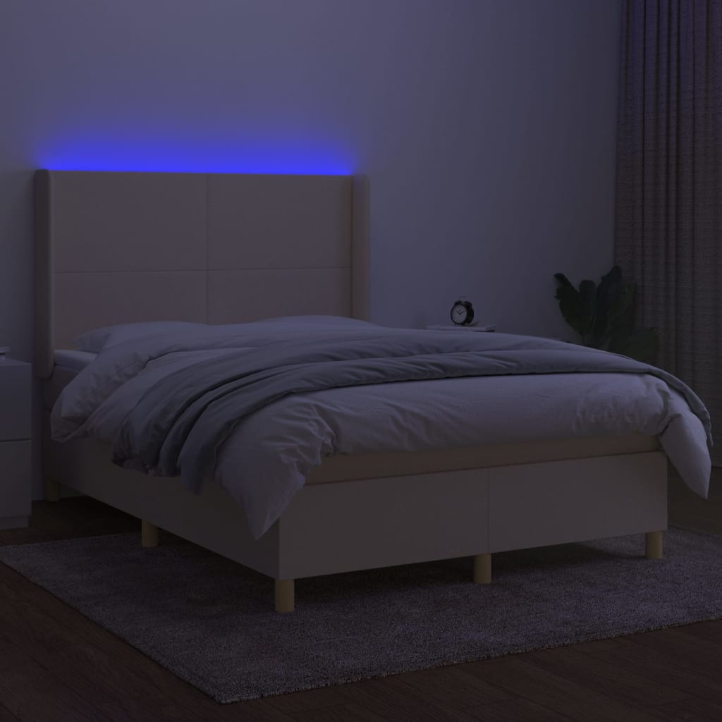 vidaXL Cama box spring c/ colchão e LED 140x200 cm tecido cor creme