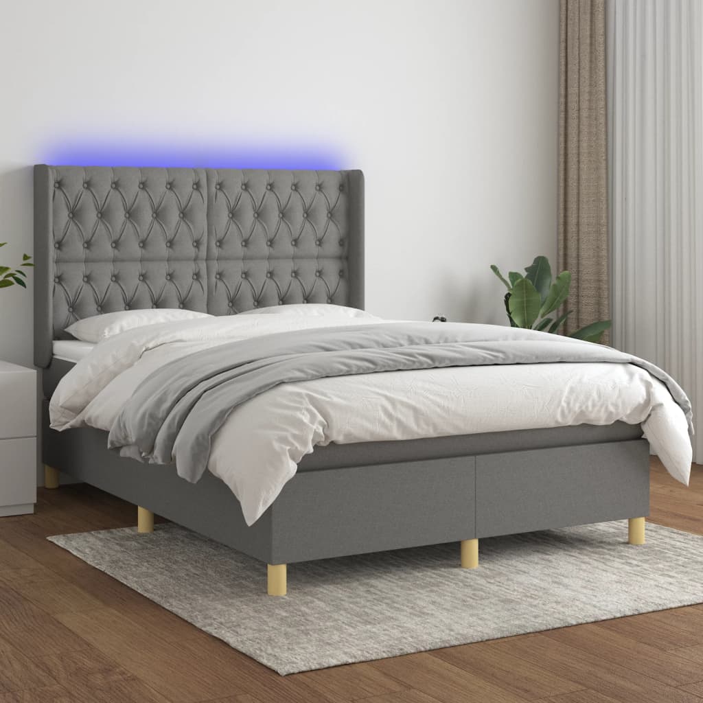 vidaXL Cama box spring c/ colchão e LED 140x190 cm tecido cinza-escuro