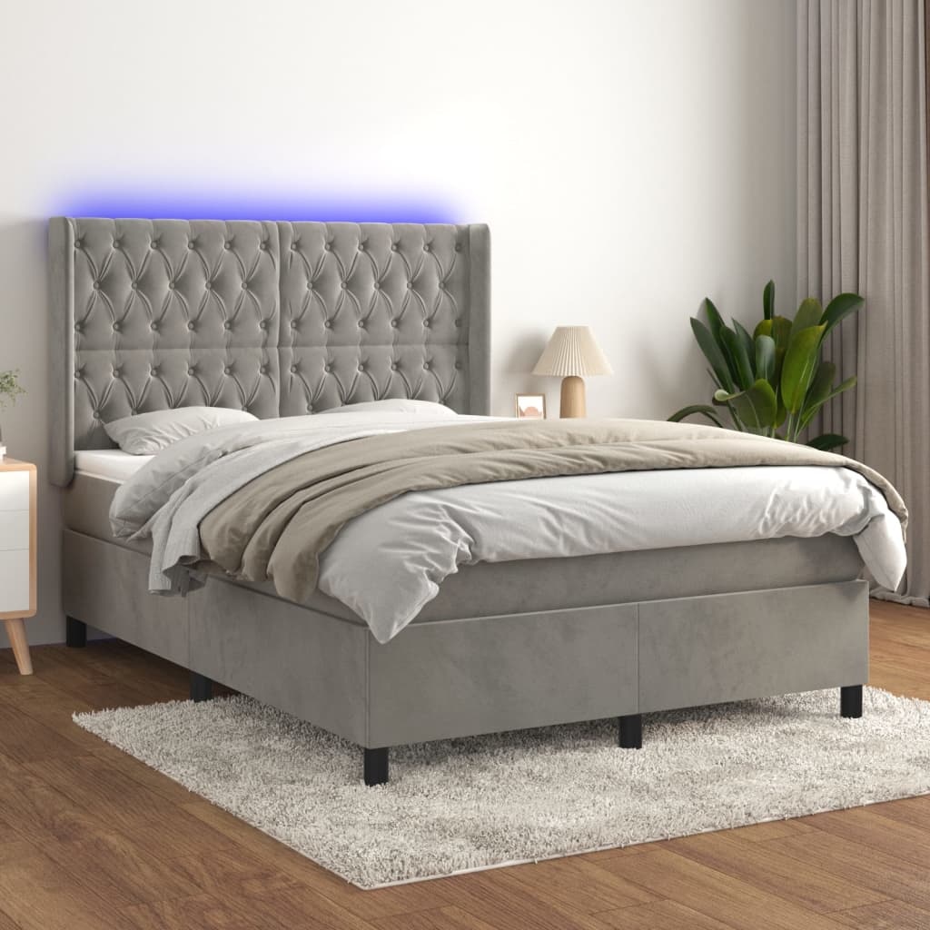 vidaXL Cama box spring c/ colchão/LED 140x190 cm veludo cinzento