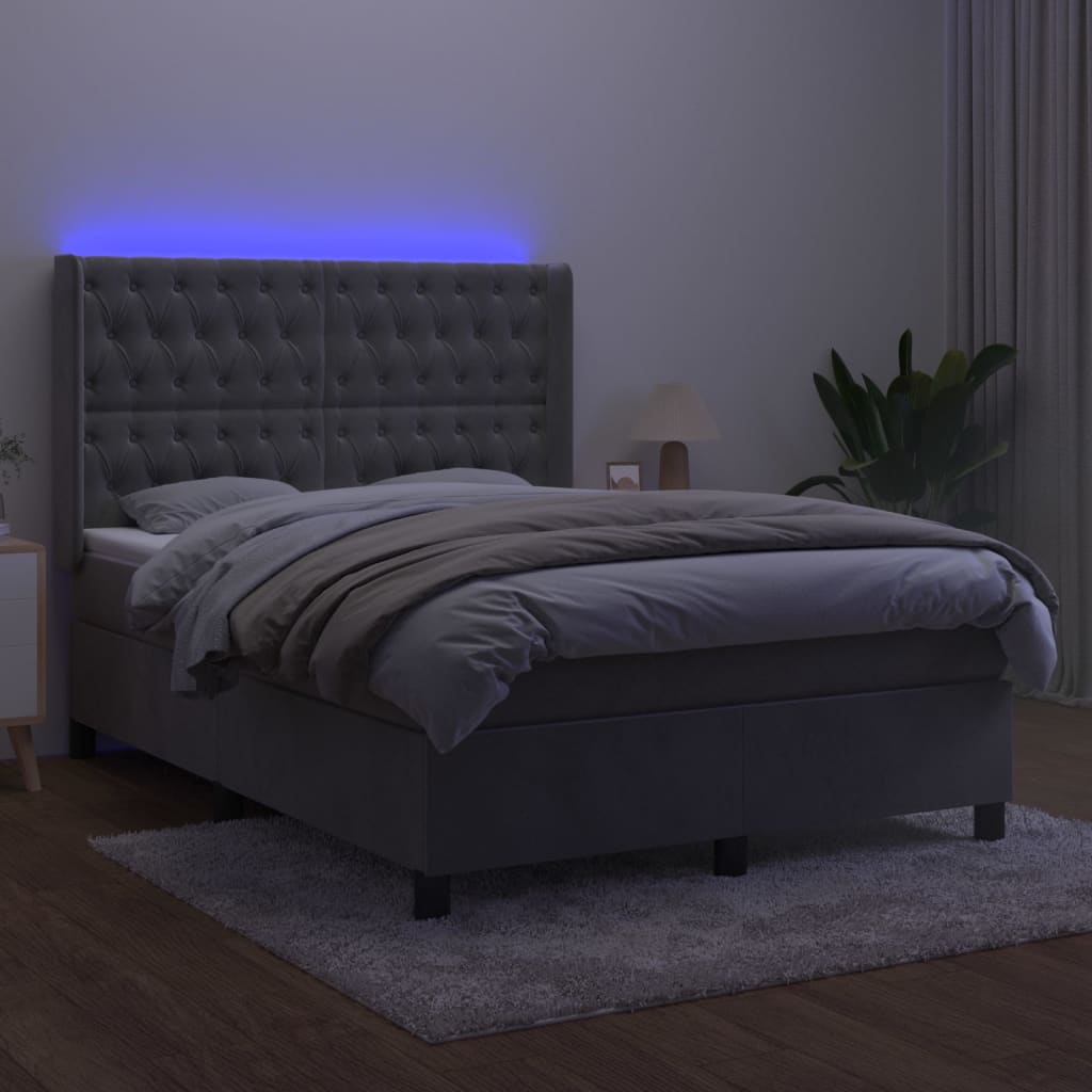 vidaXL Cama box spring c/ colchão/LED 140x190 cm veludo cinzento