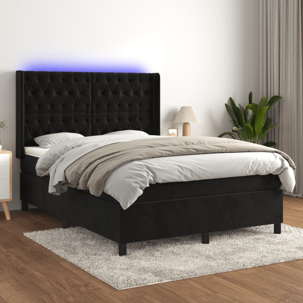 vidaXL Cama box spring c/ colchão/LED 140x200 cm veludo preto