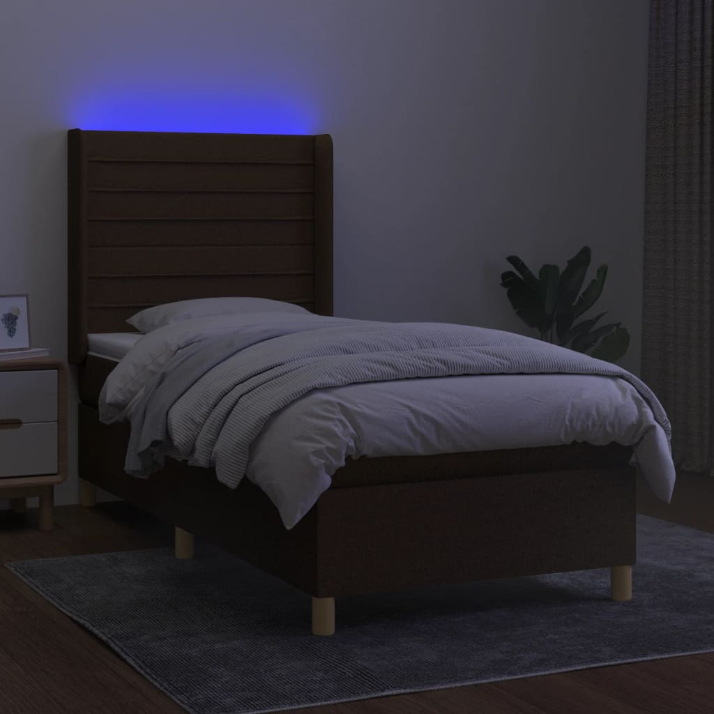 vidaXL Cama box spring c/ colchão/LED 90x200 cm tecido castanho-escuro