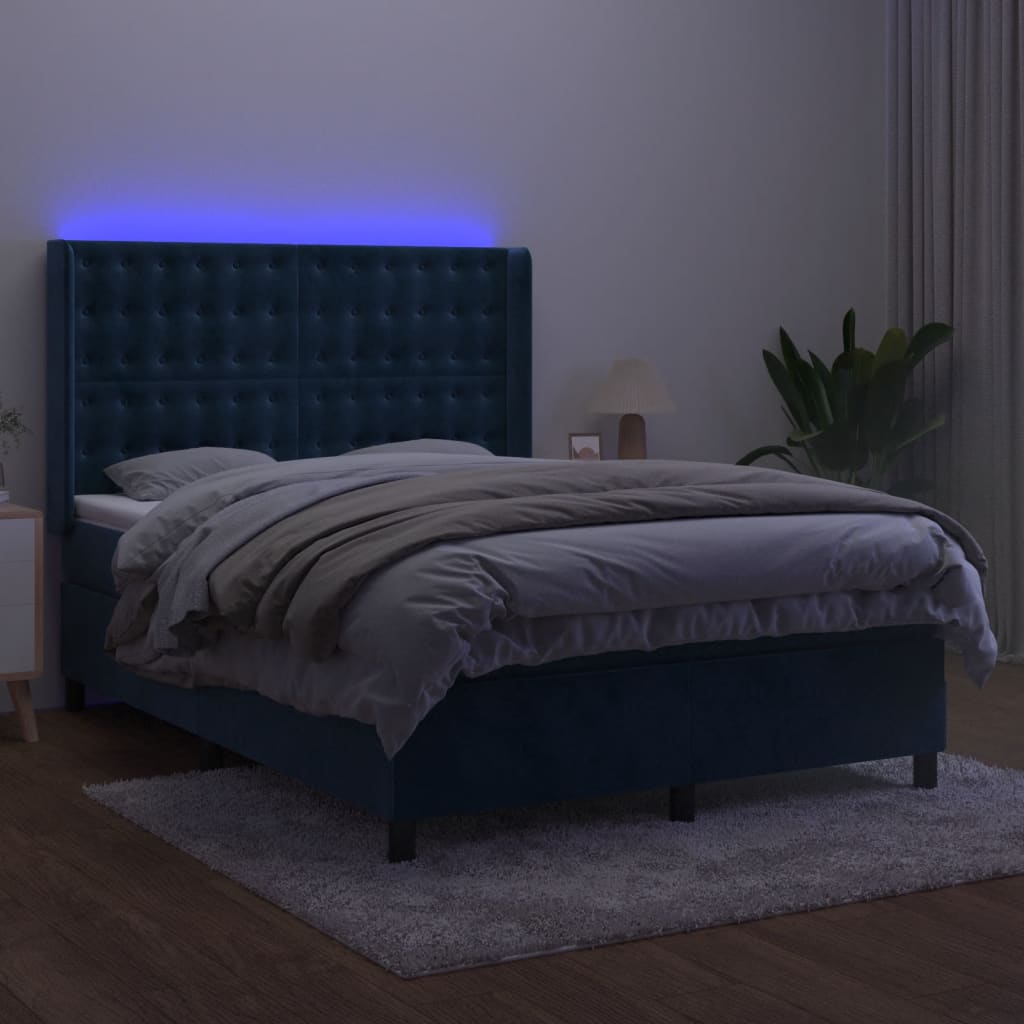 vidaXL Cama box spring c/ colchão/LED 140x190 cm veludo azul-escuro