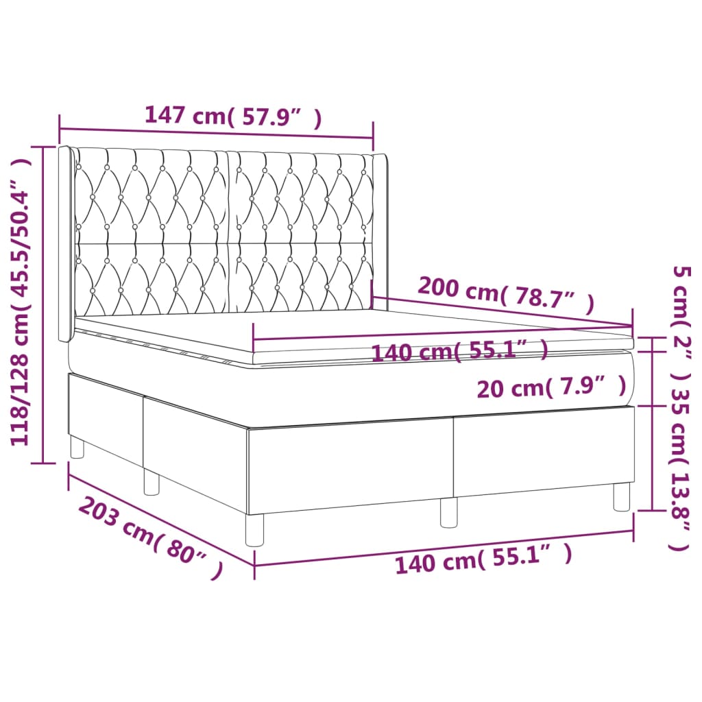 vidaXL Cama box spring c/ colchão e LED 140x200 cm tecido preto