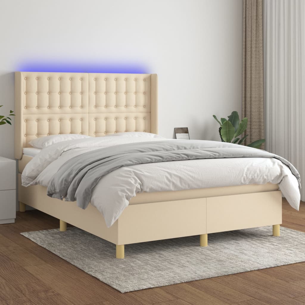 vidaXL Cama box spring c/ colchão e LED 140x200 cm tecido cor creme