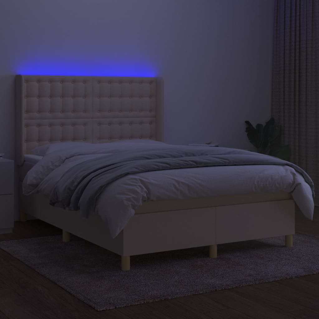 vidaXL Cama box spring c/ colchão e LED 140x200 cm tecido cor creme